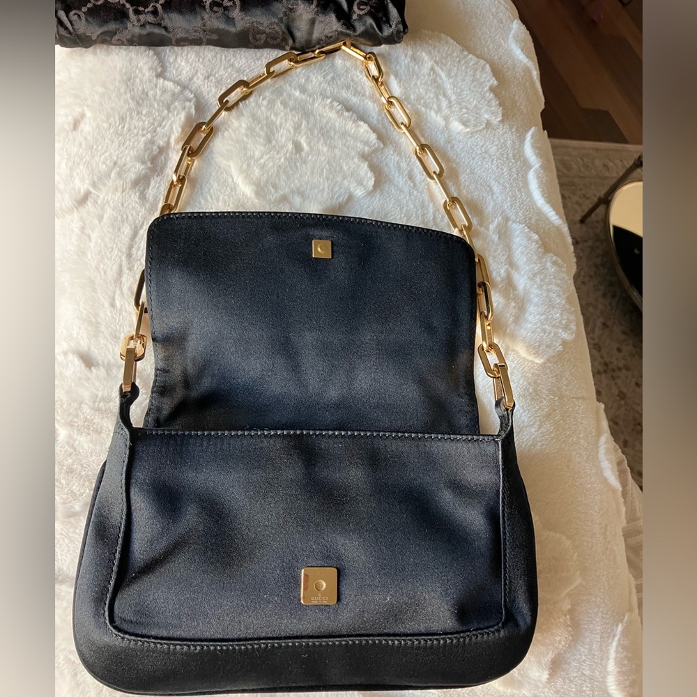 Vintage Gucci Black Satin Bag with Gold Accent - Picture 13 of 14